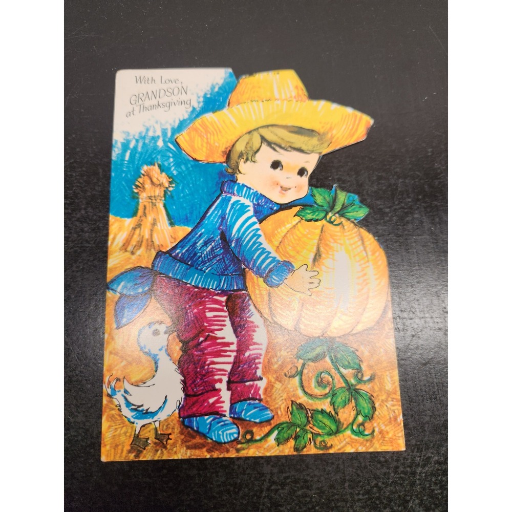 Vintage Rust Craft Thanksgiving Card Grandson Pumpkin Boy Straw‎ Hat 15T706-6
